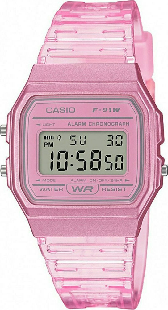 Casio F‑91WS‑4EF Γυναικείο Ψηφιακό Ρολόι με Ροζ Καουτσούκ Λουράκι